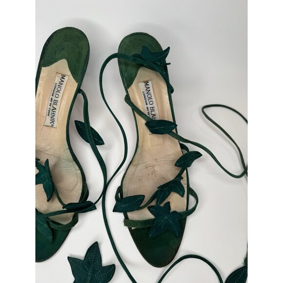 Vintage Manolo Blahnik Size 39 Kitten Heels Ivy Leaf Green Suede - Picture 5 of 12